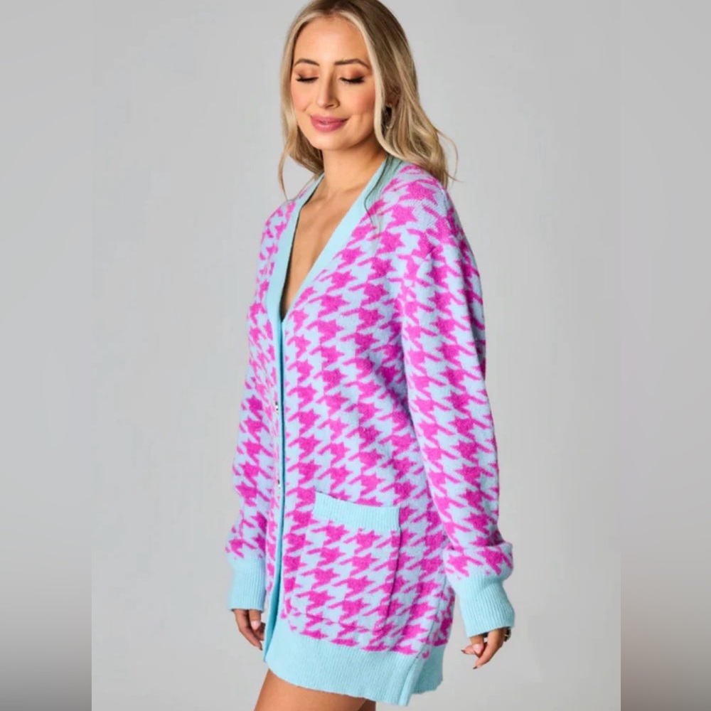 Buddy Love  Twiggy Oversized Pink & Light Blue Houndstooth Cardigan